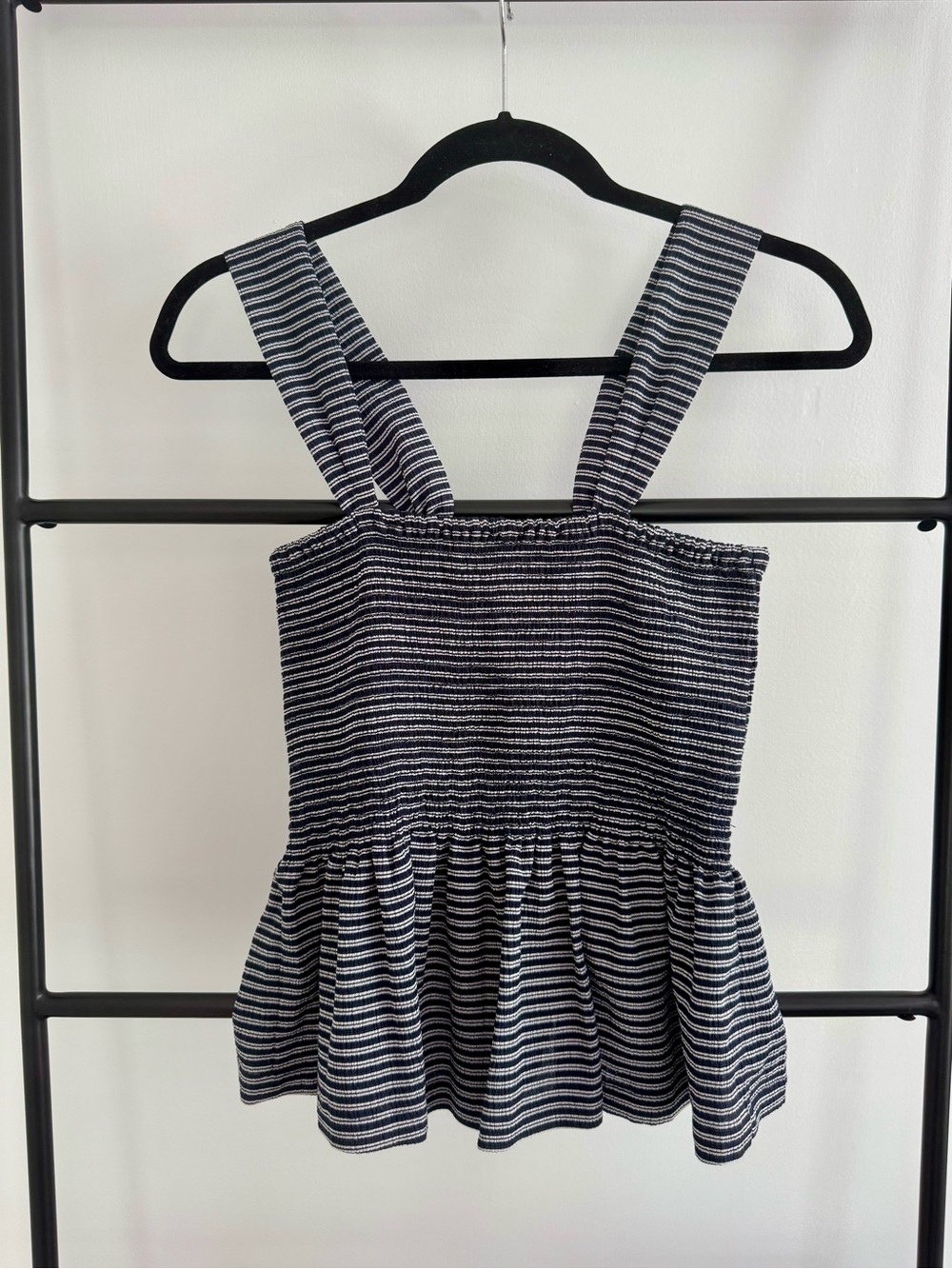 Madewell Texture & Thread Striped Navy and White Smocked Peplum Tank Top, M